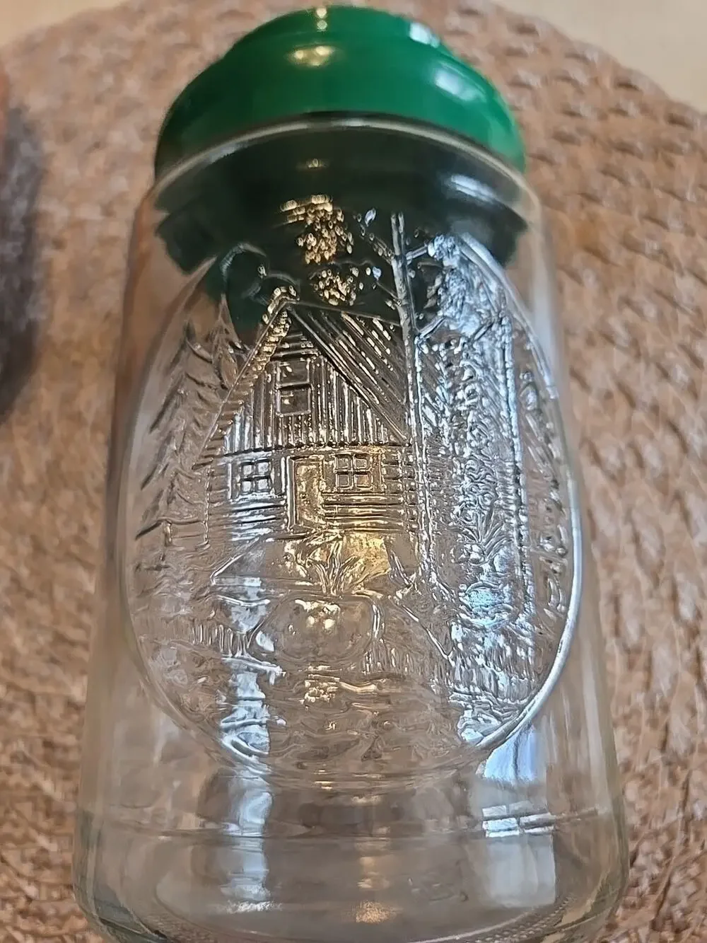 Vintage Anchor Hocking Autumn Trees Harvest Orchard Glass Jar with Green Lid